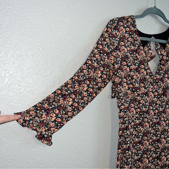 Top Shop Womens Floral V-Neck Long Sleeve Ruffle Mini A-Line Dress Black Size 8 - Picture 3 of 11